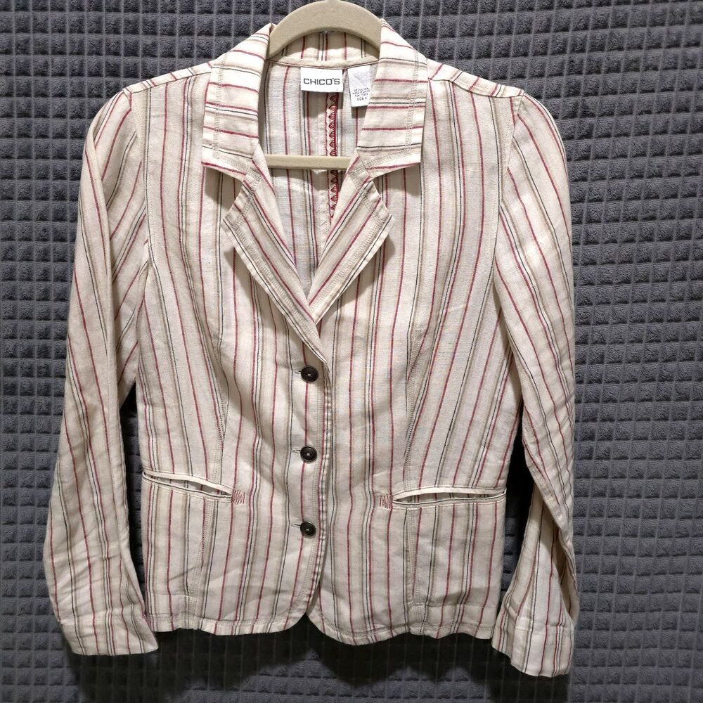 Lightweight Striped Linen Cream Blazer SzSm Chicos Boho Chic Western Retro Money
